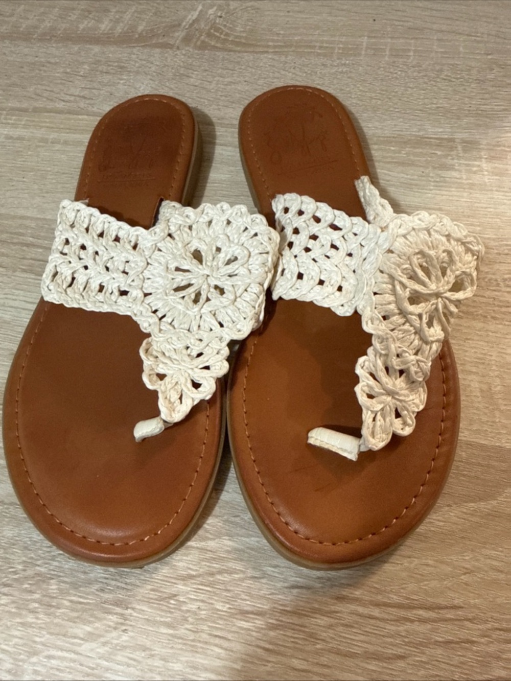 Jellypop White Crochet Flip Flop Sandals with Tan Footbed